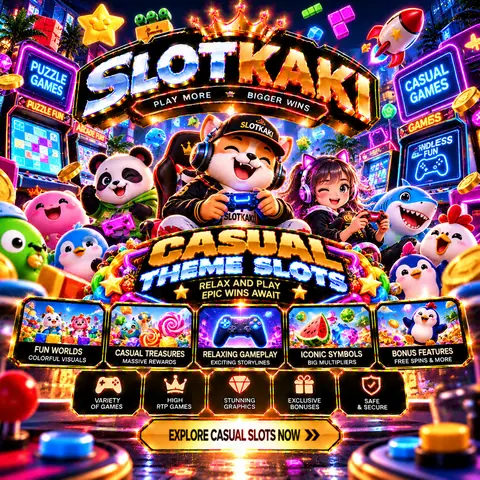 SLOTKAKI casual games – banner black and gold: cute mascots and toys
