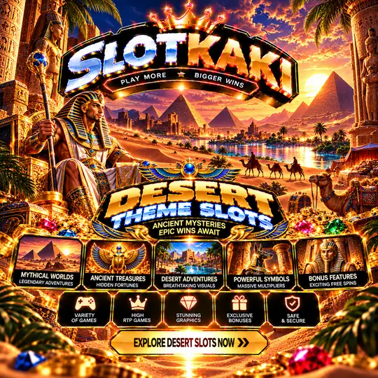 SLOTKAKI desert theme – banner black and gold: pyramids and a camel caravan