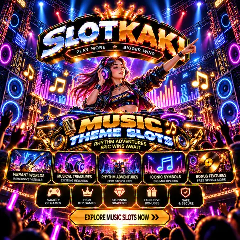 SLOTKAKI tema muzik – banner hitam dan emas: DJ dan nota muzik