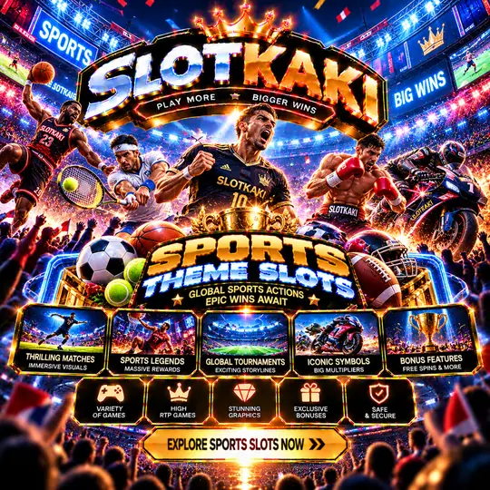 SLOTKAKI tema sukan – banner hitam dan emas: pemain bola sepak dan stadium